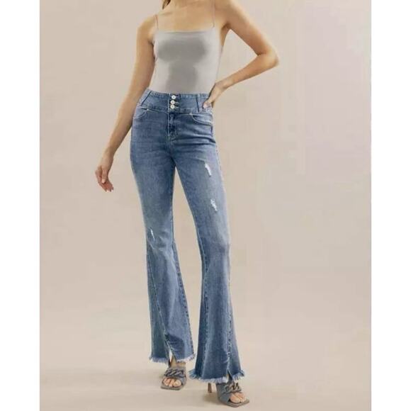 KANCAN JEANS miranda flare ultra high rise raw hem fringe medium wash size 3 25 - Picture 1 of 7